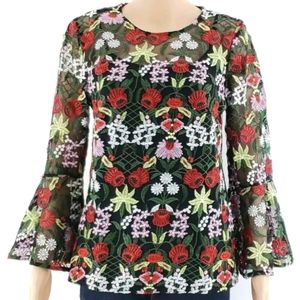 Embroidered floral lace sheer top w/ bell sleeves